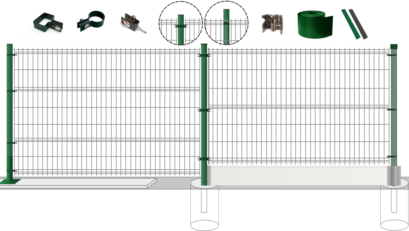 Příslušenství pro montáž svařovaných drátěných plotových panelů a náhled uchycení
